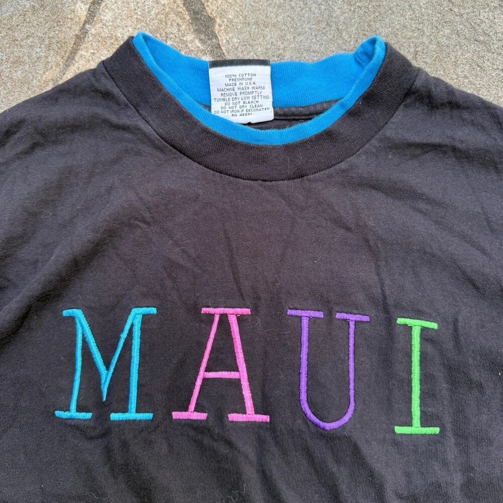 Vintage Hawaii Shirt Large Black Maui Colorful Embroidered Double Collared 90s